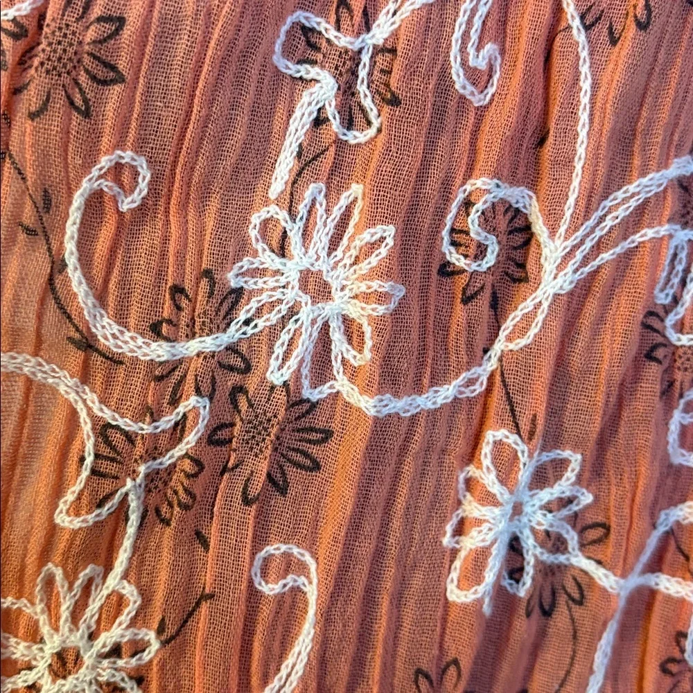 Tickled Pink Orange cream Mesh Crochet Embroidered Floral Scarf Fringe Cotton